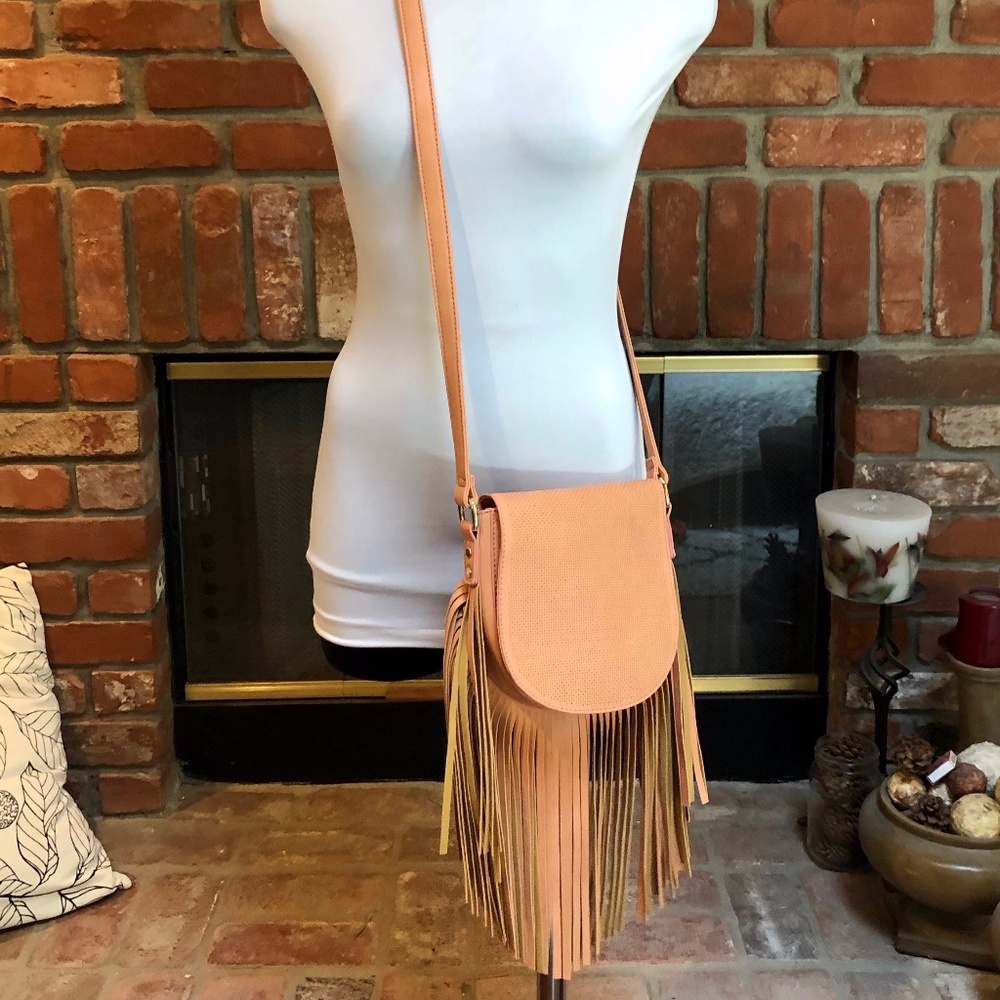 BoHo Faux Leather Dusty Pink Fringe Cross Body Bag